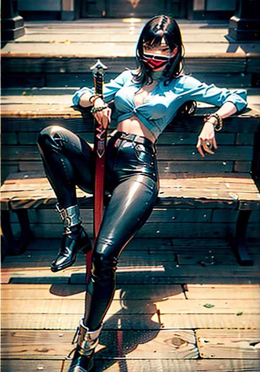 A beautiful woman with long shiny black hair, choppy bangs, a delicate face, a cold proud gaze, a fit figure, a fantasy-style high-necked leather breastplate top, sleeveless, exposes her waist, a bracelet adorns her wrist, tight-fitting leather pants, her right hand holds a longsword with a blue scabbard, she lounges casually sitting, this character embodies a finely crafted fantasy-style bounty hunter in anime style, exquisite and mature manga art style, (Alexandra Daddario:1.2), high definition, best quality, highres, ultra-detailed, ultra-fine painting, extremely delicate, professional, anatomically correct, symmetrical face, extremely detailed eyes and face, high quality eyes, creativity, RAW photo, UHD, 32k, Natural light, cinematic lighting, masterpiece-anatomy-perfect, masterpiece:1.5