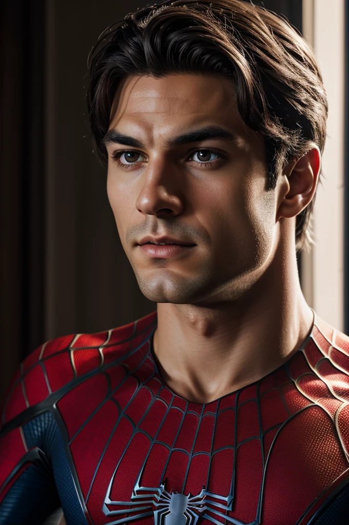 A photograph of Spider-Man., sin mascara, the 20s, elegant, detailed face, looking to the camera, portrait, 8k hd, high quality