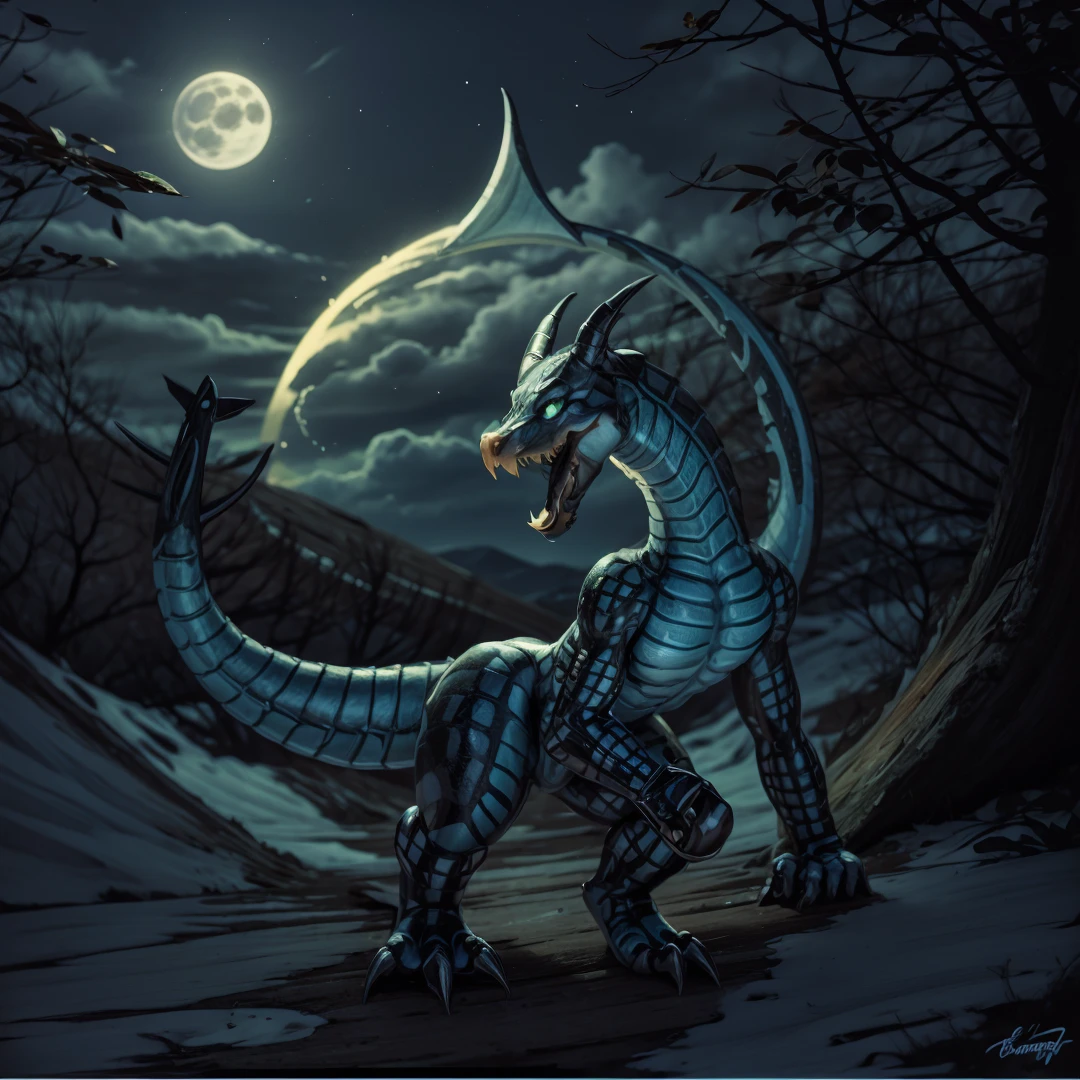 a close up of a Dragão azul with a full moon in the background, dragão de escamas azuis, Dragão azul, armadura azul inspirada em dragão, gênio azul, Dragão de cristal, Dragão de Água, Dragão Branco de olhos azuis, jormungandr, Naga, pintura digital de godrays, Naga-tirr, fantasia de dragão chinês ciano, Conceito de dragão de corpo inteiro, alto