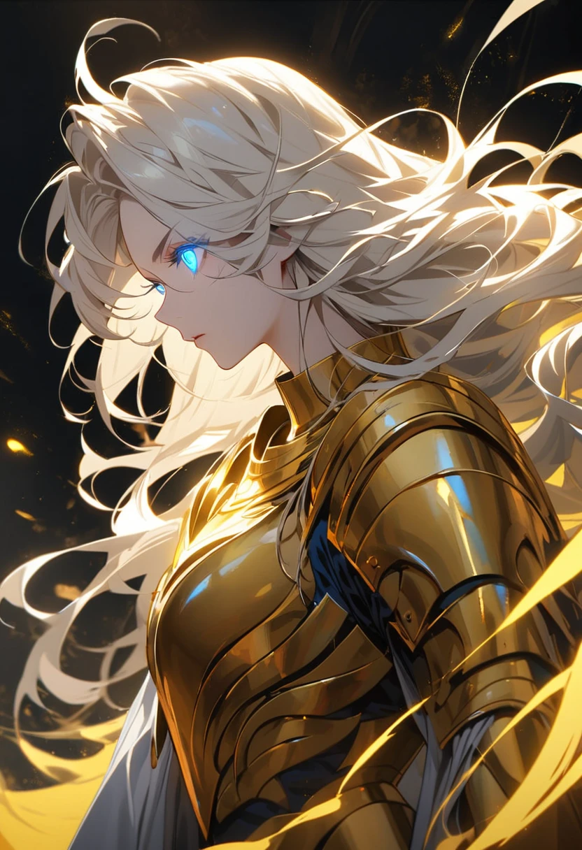 woman, god, god eyes, blue eyes, glowing eyes, yellow aura, golden armor, windy hair, long hair, white hair, god mature, god eyes, side view