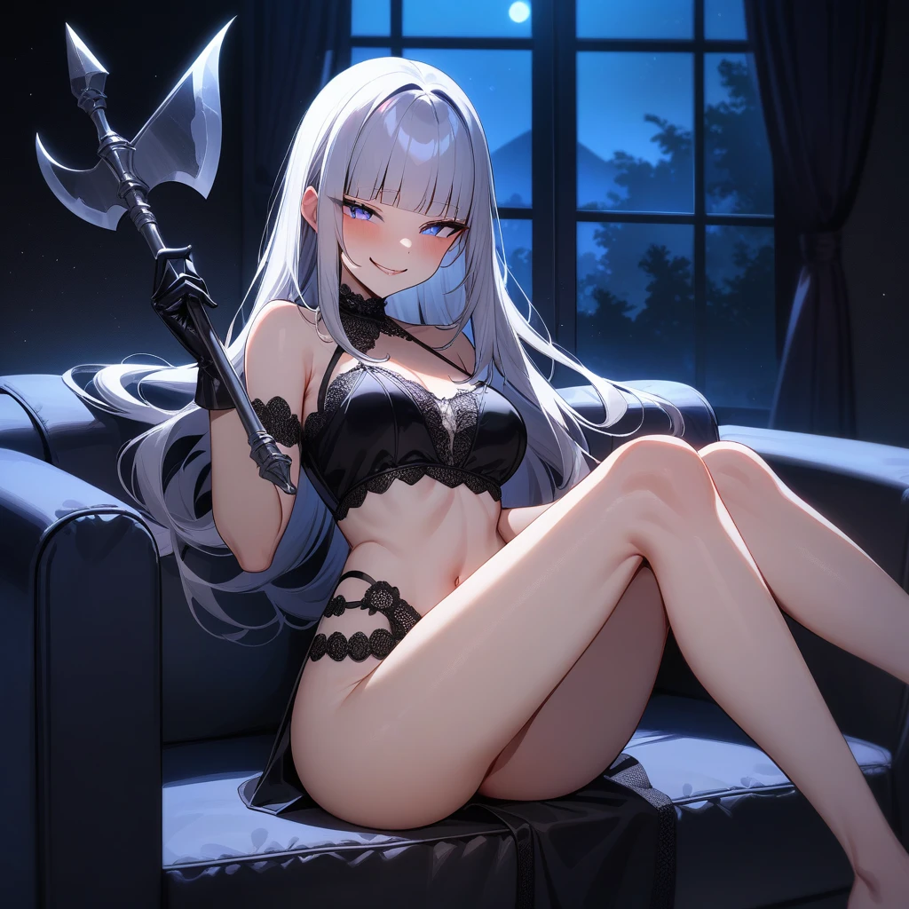 (masterpiece),(best quality),very aesthetic,(ultra-detailed),nsfw,1girl,,slender,long hair,silver hair,straight hair,(blunt bangs),dark blue alluring eyes,comfortable,smirk,toroga,naughty face,(fusion of Jail girl jailer style costume and elegant lingeries),bare legs,leather gloves,silver hand axe,holding a silver hand axe,ecstasy,happy,inroom,couch,reclining,on couch,night sky,moonlight,Moonlight through the window,forest landscape,backlighting,(darkness room),Lace curtains flutter in the wind,Old furnishings,dusty room,cowboy shot