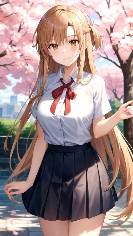 aaasuna,long hair, brown hair, braid, brown eyes,large breasts,,white shirt,short sleeves,pleated skirt,black skirt,red ribbon, neck ribbon,cowboy shot,standing,smile,closed mouth,outdoors,cherry blossoms,lower body,