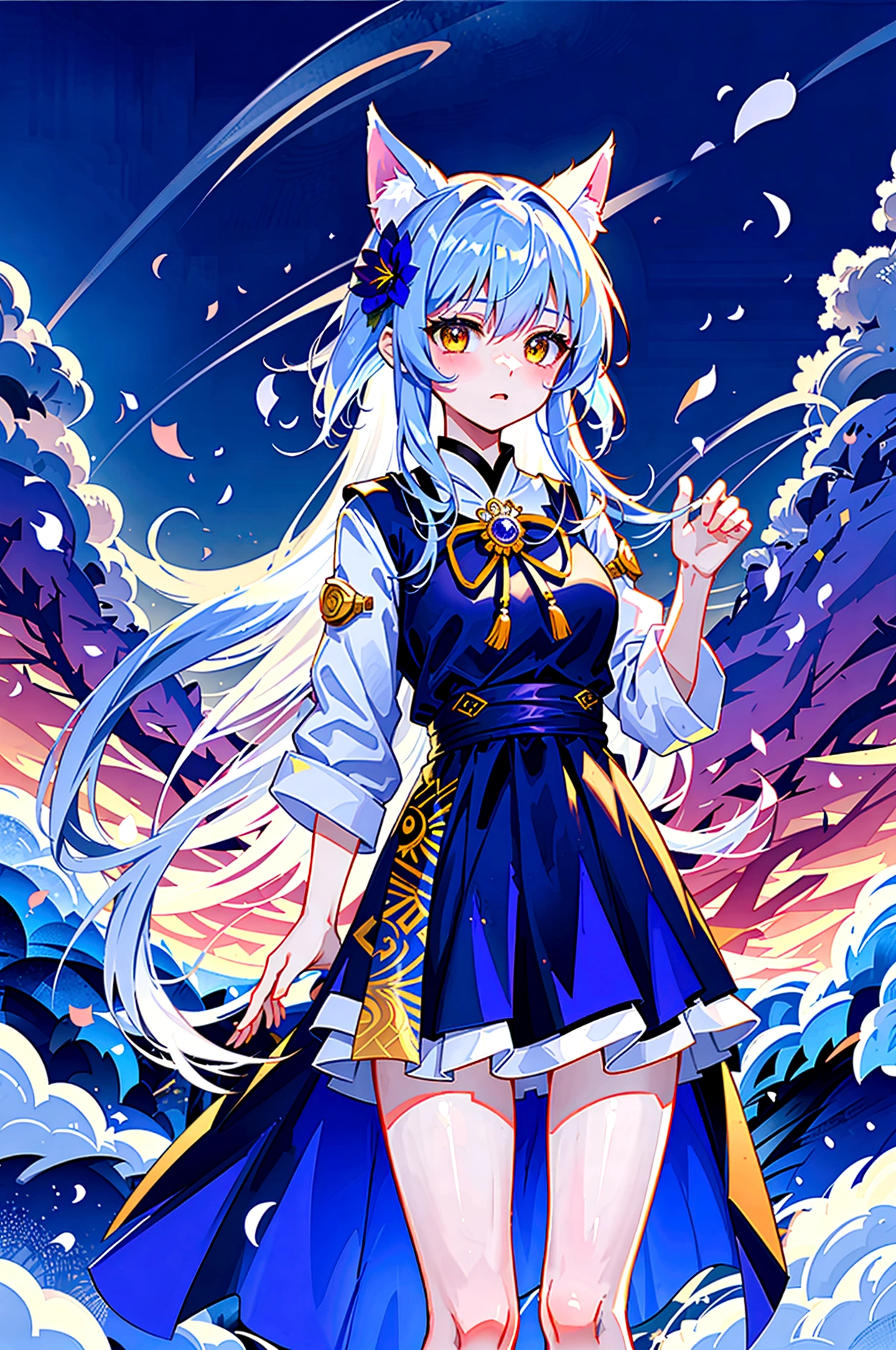 fox Light blue hair beast girl indigo fur fox beast girl Sesshomaru, Yellow eyes, Anime, Perfect face, Perfect Lighting, Outdoors, Warm colors, Dark purple sky, Autumn sunset, \(inuyasha\), Bearing Claw, Ready to fight wave, koi fish, anime artstyle, wide view, fluffy. yellow fox, marking under the eyes, crystal antler ,violet eyes, wearing bandanna, flower petals, Ambient light,Ultra-fine fur,volumettic light,natural lightting,fox tail,nevando,35mm。High quality, high detal, Best quality, hyper HD,individual,Single