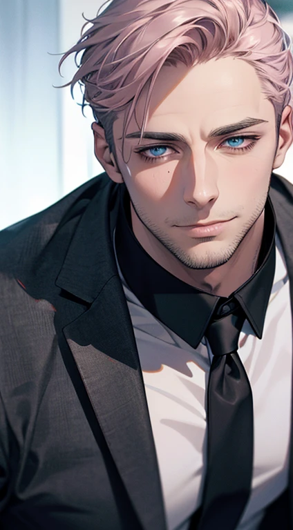 (best quality,4k,8k,highres,masterpiece:1.2),ultra-detailed,(realistic,photorealistic,photo-realistic:1.37),1 man,31 years old,mature man,very handsome,without expression,smile,short grey pink hair,blue eyes,penetrating gaze,perfect face without errors,imposing posture,businessman,office background,cinematic lighting,hdr image