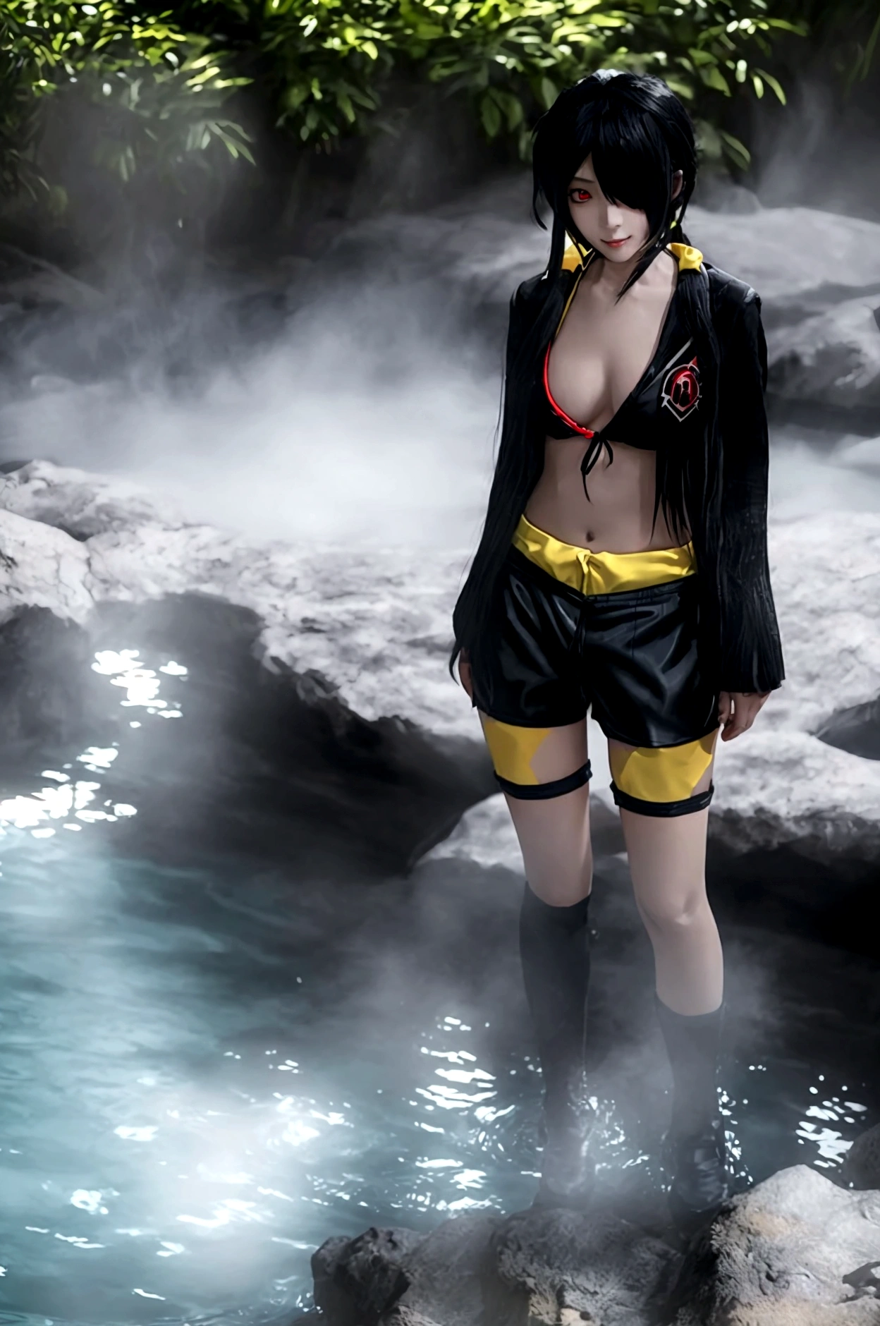 ultra-detailed,highly detailed,best quality,masterpiece,illustration,realistic, photo,photorealistic,
1girl, ((tokisaki kurumi)), cosplay, hair over one eye, (right red eye, left yellow eye), looking at viewer, happy girl, ponytail, ((bikini)), (((black hotpants))), hair rings, loafers,
(Outdoors), walking, ((onsen)) 
