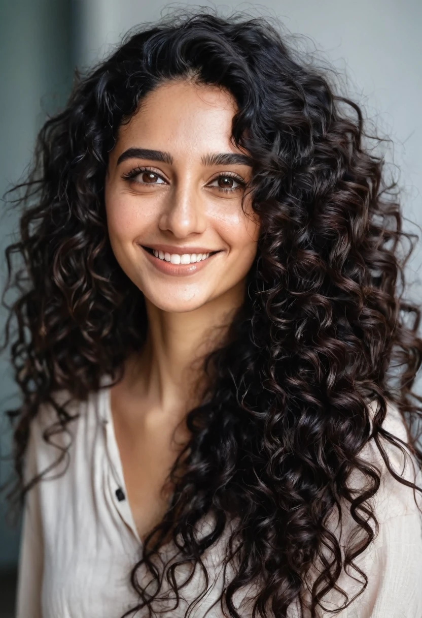 realistic portrait photo of beautiful woman with long black curly hair, hair roots slightly faded, Indian, influencer, shy smile, brown eyes, no makeup, instagram