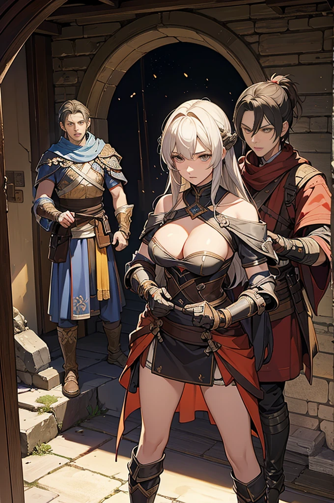 best quality, official art, masterpiece, textile shading, HDR, very detailed, colorful, best details, fantasy, battle armor,1 female, 25 years old, 3 mens bandits, Multiple horny bandits,Anxious and frightened expression, standing on stairs,Inside the cave,Dim brightness,choppy hair, big breast, skinny,Surrounded by a horde of bandits:1.9、Bandits in heat、Feeling like I&#39;m about to be attacked、Mysterious atmosphere、cameltoe:1.3, looking back, ground level shot:1.9,