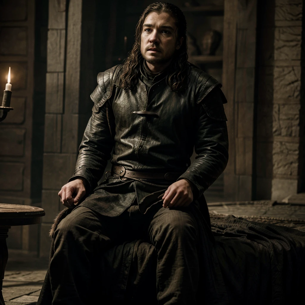 Game of Thrones men&#39;s outfit, a beige suit with gold details. the suit is made of brocade. The background shows the interior of the Great Sept of Baelor.