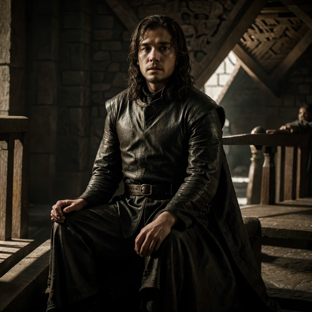 Game of Thrones men's outfit, a beige suit with gold details. the suit is made of brocade. The background shows the interior of the Great Sept of Baelor.