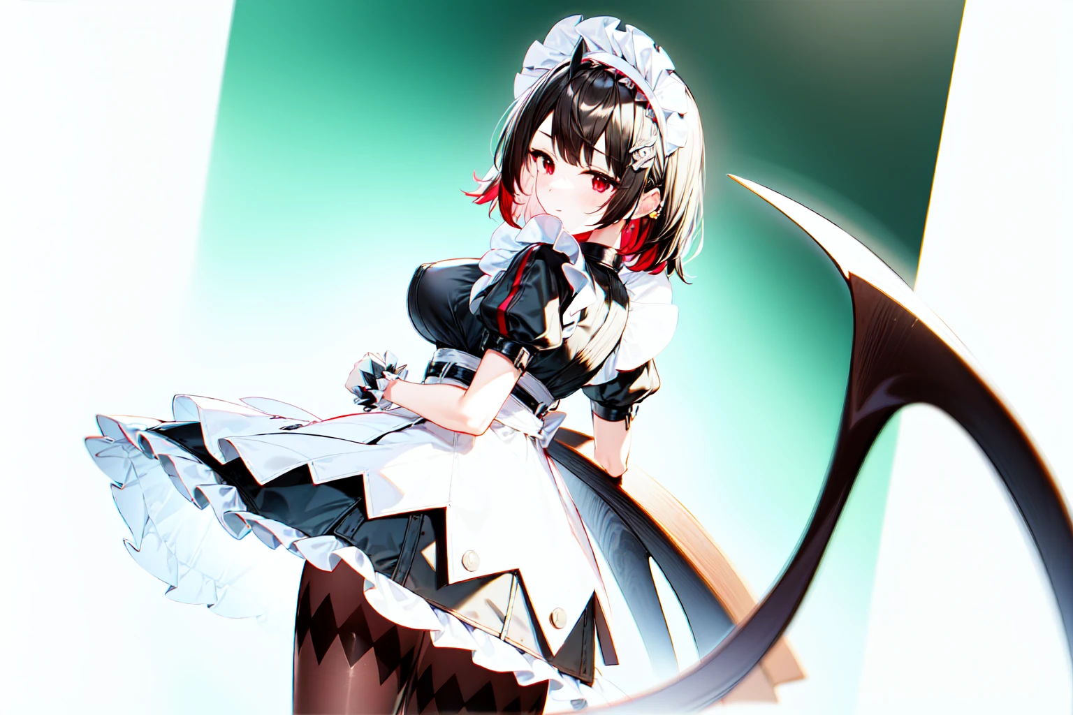 1girl, solo, breasts, red_eyes, colored_inner_hair, pantyhose, black_hair, tail, dress, short_sleeves, looking_at_viewer, maid, wrist_cuffs, red_hair, large_breasts, ass, apron, short_hair, maid_headdress, multicolored_hair, black_dress, puffy_sleeves, bangs, frills, puffy_short_sleeves, smile, white_apron, two-tone_hair, closed_mouth, black_pantyhose, bow, cowboy_shot, maid_apron, looking_back, frilled_apron, standing