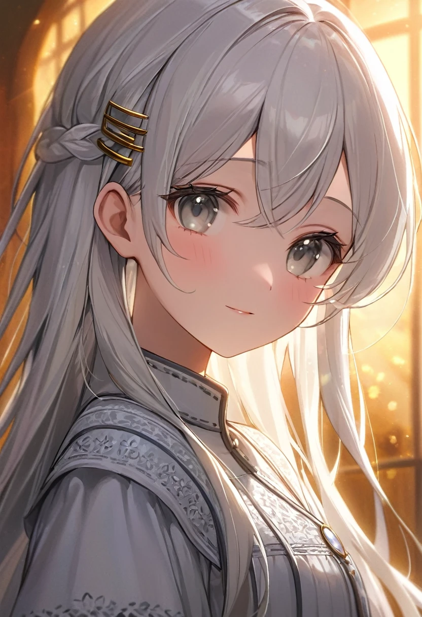 a peasant girl in a white dress, long hair, white hair, beautiful gray eyes, one small metal hairpin on hair, delicate facial features,detailed clothing, serene expression, warm lighting, (best quality,highres,masterpiece:1.2)highly detailed portrait,
