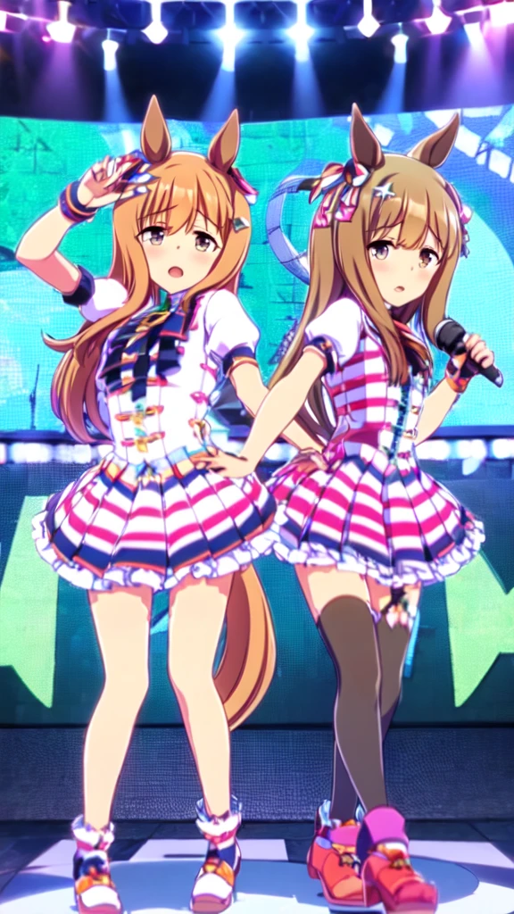Two Girls, Smart Falcon and Silence Suzuka, Horse Girls, Stand symmetrically, Holding one hand, live house, Hold the microphone, Audience holding penlights in the background,