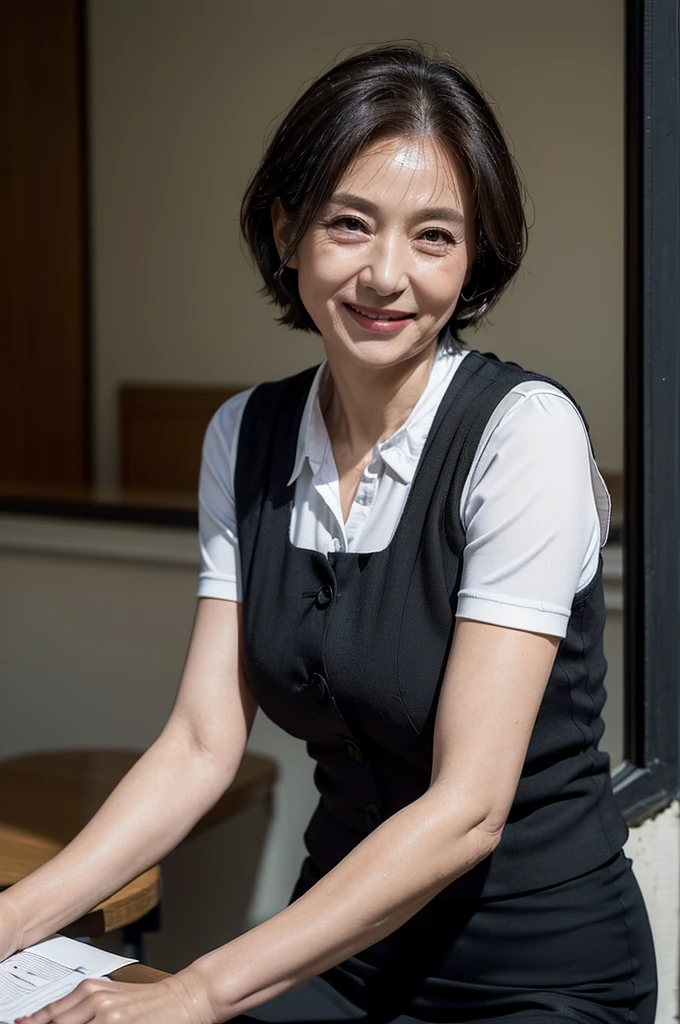 (masterpiece:1.4),(Female, 65 years old:1.5),(Facial wrinkles : 1.2), (facing away : 1), cheerful smile, short hair, maternal, Mature Woman, upper body shoot, sitting, office worker, (dull fabric), (polyester black vest with button), black pencil skirt, white short sleeve shirt, (plump arms : 1.15), (focus on arms), ticket window, detailed backgrounds