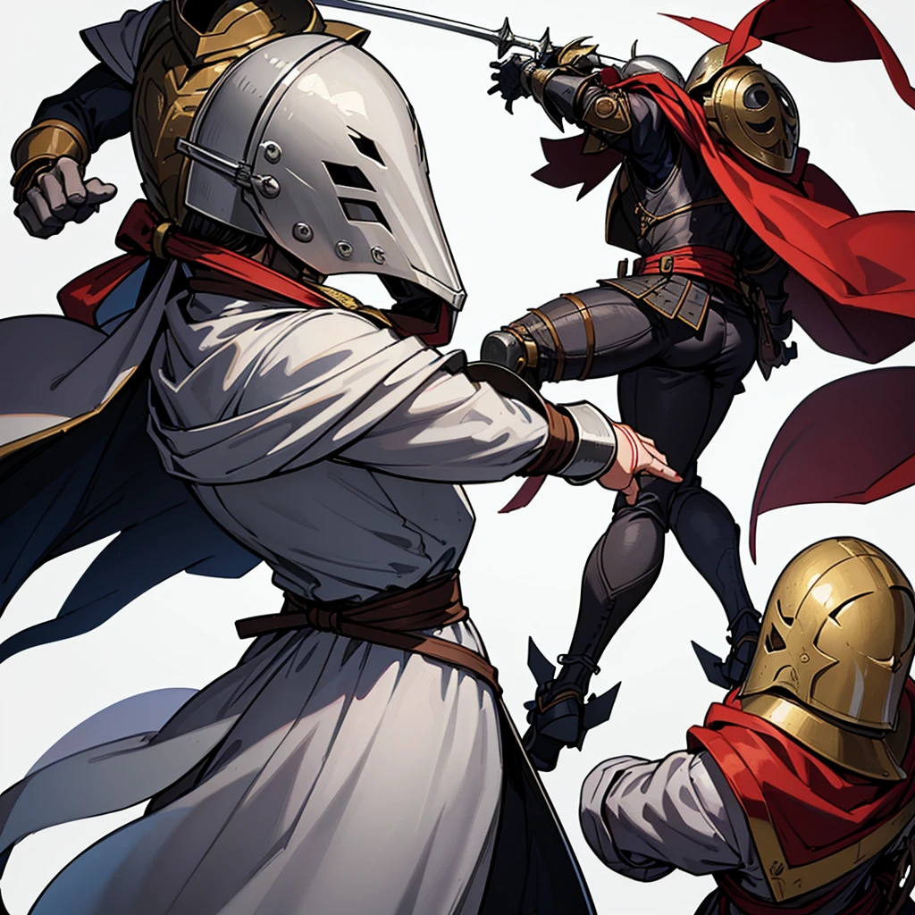 ((whole body、Detailed character design))、(From the back、Back view)、Highest quality, Best Quality,Best illustrations、(((Iron Mask、pocket、Iron Helmet)))、Medieval Armor、Medieval Knight、whole bodyが灰色の鎧、(((20-year-old male)))、Dramatic Angle、(battle)、battlefield、Movement angle、Grab the sword、(Fighting stance)、Run、(((White background)))