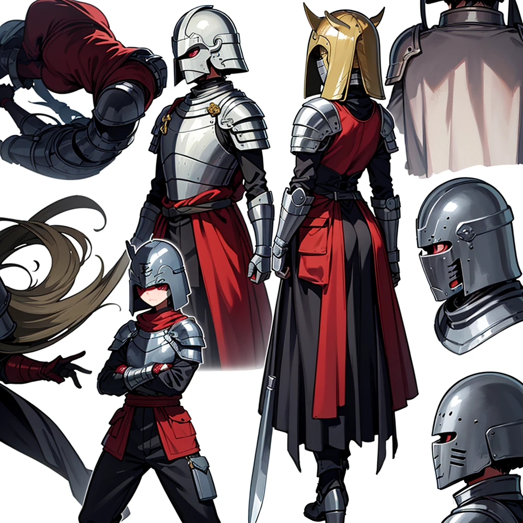 ((whole body、Detailed character design))、(From the back、Back view)、Highest quality, Best Quality,Best illustrations、(((Iron Mask、pocket、Iron Helmet)))、Medieval Armor、Medieval Knight、whole bodyが灰色の鎧、(((20-year-old male)))、Dramatic Angle、(battle)、battlefield、Movement angle、Grab the sword、(Fighting stance)、Run、(((White background)))
