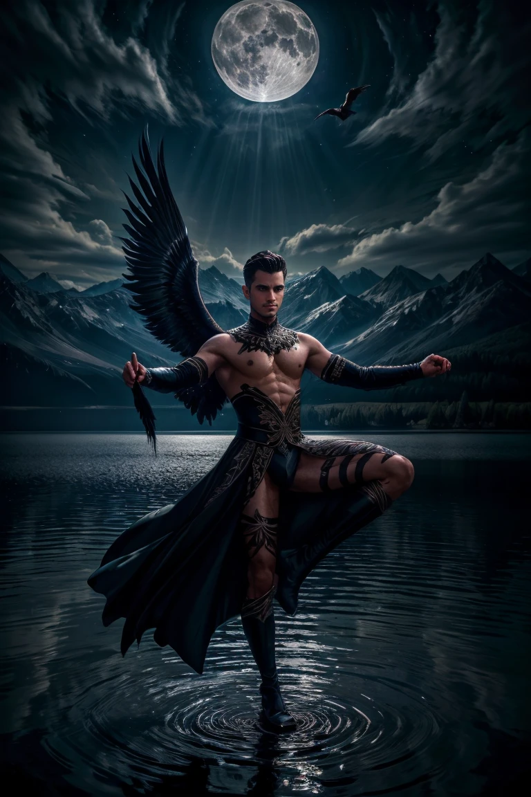 a handsome prince, 1boy, dark hair, piercing eyes, beautiful detailed face, elegant attire, regal pose, graceful movements, dark swan, feathers, lake, moonlight, dramatic lighting, cinematic, oil painting, highly detailed, photorealistic, 8k, intricate details, dramatic colors, moody atmosphere, fantasy, magical realism