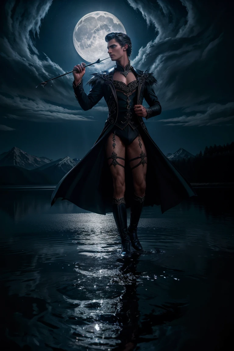 a handsome prince, 1boy, dark hair, piercing eyes, beautiful detailed face, elegant attire, regal pose, graceful movements, dark swan, feathers, lake, moonlight, dramatic lighting, cinematic, oil painting, highly detailed, photorealistic, 8k, intricate details, dramatic colors, moody atmosphere, fantasy, magical realism