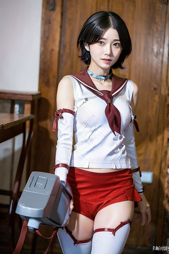nagaraKC, 1girl, 独奏, short hair, skirt, ,detached sleeves, serafuku, sailor collar, neckerchief, headband, red skirt, one side up, red sailor collar,white thighhighs, (panties), (bra), (In underwear), (Flashy underwear), (lingerie), 