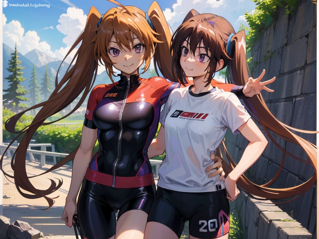 (Masterpiece),best quality, long brown hair, purple eyes, low twintails, smile, Shidou Irina, medium breasts, naked, standing, ((cowboy shot)), mountain road, short sleeve cycling jersey, cycling pants, right hand on mouse
