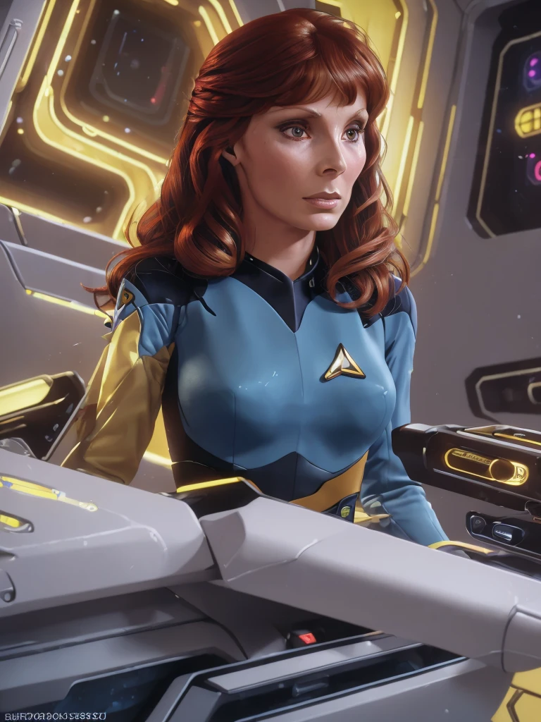 Beverly Crusher with beautiful detailed eyes, beautiful detailed lips, extremely detailed face and hair, 1girl, sci-fi bikini, blinking lights, neon highlights, glamour shoot, 60s sci-fi set, big clunky computers, big soft beds, (best quality,4k,8k,highres,masterpiece:1.2),ultra-detailed,(realistic,photorealistic,photo-realistic:1.37),science fiction,studio lighting,ultra-fine painting,sharp focus,physically-based rendering,extreme detail description,professional,vivid colors,bokeh
