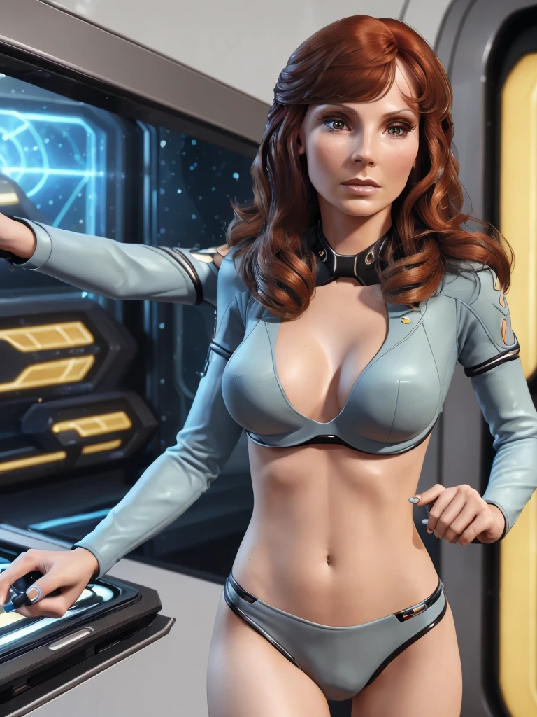 Beverly Crusher with beautiful detailed eyes, beautiful detailed lips, extremely detailed face and hair, 1girl, sci-fi bikini, blinking lights, neon highlights, glamour shoot, 60s sci-fi set, big clunky computers, big soft beds, (best quality,4k,8k,highres,masterpiece:1.2),ultra-detailed,(realistic,photorealistic,photo-realistic:1.37),science fiction,studio lighting,ultra-fine painting,sharp focus,physically-based rendering,extreme detail description,professional,vivid colors,bokeh