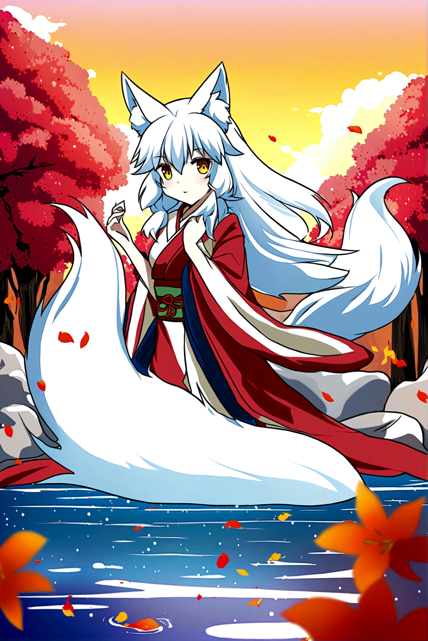 fox Light blue hair 　beast girl　indigo fur　fox beast girl　Sesshomaru, Yellow eyes, Anime, Perfect face, Perfect Lighting, Outdoors, Warm colors, Dark purple sky, Autumn sunset,  \(inuyasha\), Bearing Claw, Ready to fight　wave, koi fish, anime artstyle, wide view, fluffy. yellow  fox, marking under the eyes, crystal antler ,violet eyes, wearing bandanna, flower petals, Ambient light，Ultra-fine fur，volumettic light，natural  lightting，fox tail，nevando，35mm。High quality, high detal, Best quality, hyper HD，individual，Single