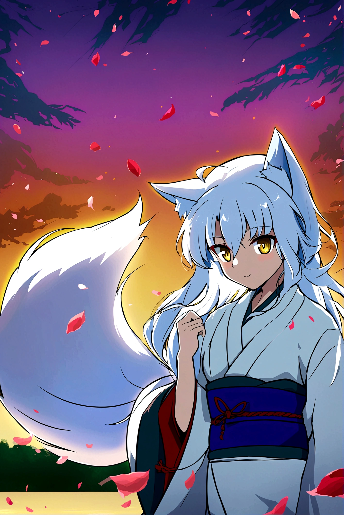 fox Light blue hair beast girl indigo fur fox beast girl Sesshomaru, Yellow eyes, Anime, Perfect face, Perfect Lighting, Outdoors, Warm colors, Dark purple sky, Autumn sunset, \(inuyasha\), Bearing Claw, Ready to fight wave, koi fish, anime artstyle, wide view, fluffy. yellow fox, marking under the eyes, crystal antler ,violet eyes, wearing bandanna, flower petals, Ambient light,Ultra-fine fur,volumettic light,natural lightting,fox tail,nevando,35mm。High quality, high detal, Best quality, hyper HD,individual,Single