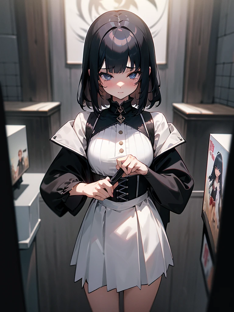 work of art, best qualityer, HuTaoV4, 1 girl, standing alone, blush, french bob, shorth hair, blackquality hair, ((gothic clothes)), gamer, alone in the room, e-girl, gamer, woman playing, natta, movie poster, 8K extremamente detalhado, Soft, high resolution, ultra quality, cinematic lighting, ambient occlusion, High definition, 2k, 4K, 8K, 16K, extremely detailed anime, detailed faces, perfect composition, wide plan, atmospheric lighting, very sexy, lift skirt, random lumbar angle, no censure, nsfw, no censure, too sexy, blackquality hair, safada