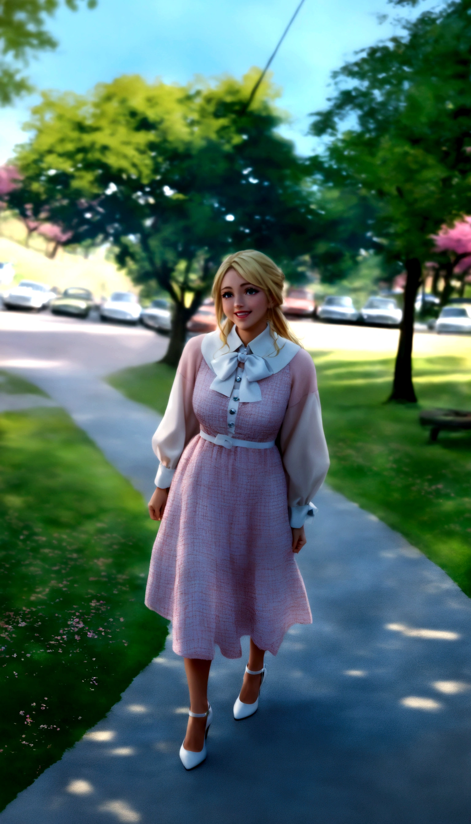 Pixar Disney 3D movie cover, (A girl with blonde hair, wearing a pink dress with a white bow at the collar and high heels, the scene is walking through a forest full of cherry trees and there is a castle in the background. That one is smiling. (Disney Pixar 3D) (highest quallity)