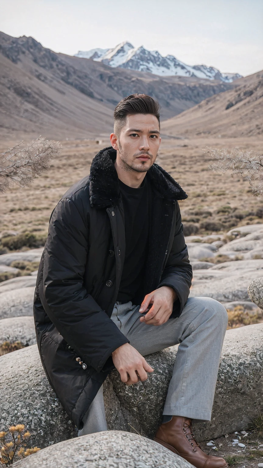 Real image of a handsome Turkish man model 30 years old with short beard and short black hair, shirtless, with a black fur coat, tailor wearing white pants sitting on a rock, looking seriously at the camera, arid mountainous and snowy area. Landscape of Mendoza Argentina.