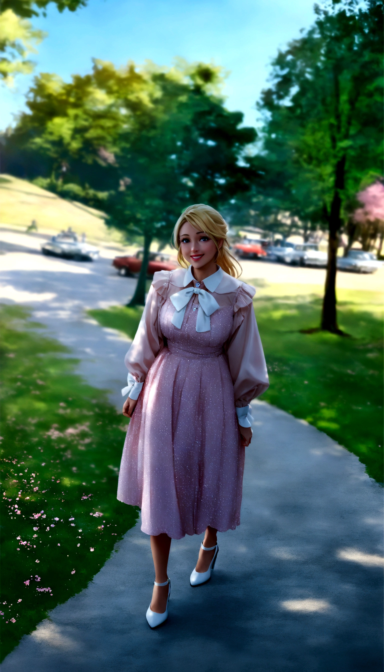 Pixar Disney 3D movie cover, (A girl with blonde hair, wearing a pink dress with a white bow at the collar and high heels, the scene is walking through a forest full of cherry trees and there is a castle in the background. That one is smiling. (Disney Pixar 3D) (highest quallity)