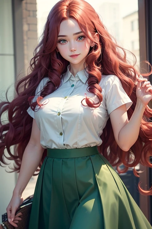 White human with voluminous red wavy hair, cheerful look with purple eyes, wearing a long dark green skirt and a short dark green shirt