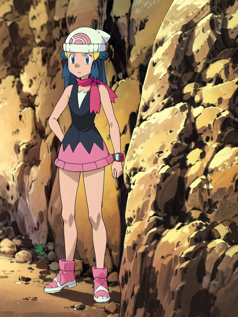 masterpiece, best quality, highres, 1girl, solo, dawn (pokemon), pink scarf, black shirt, pink skirt, hat, outdoors, bare shoulders,