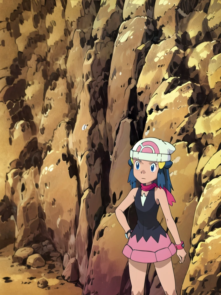 masterpiece, best quality, highres, 1girl, solo, dawn (pokemon), pink scarf, black shirt, pink skirt, hat, outdoors, bare shoulders,