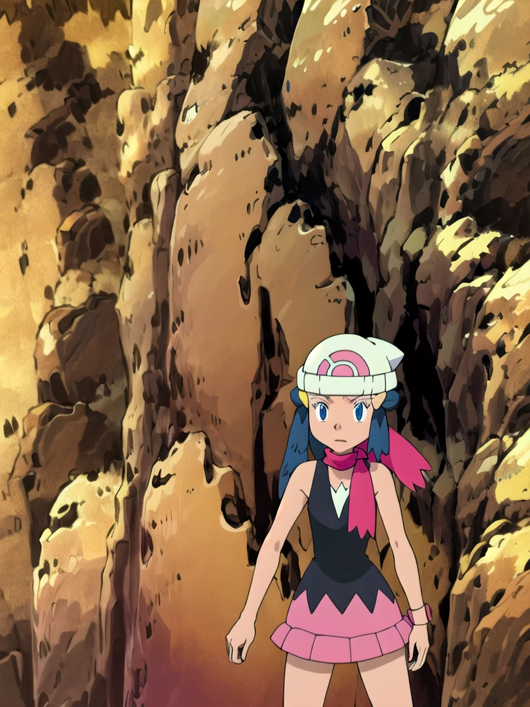 masterpiece, best quality, highres, 1girl, solo, dawn (pokemon), pink scarf, black shirt, pink skirt, hat, outdoors, bare shoulders,