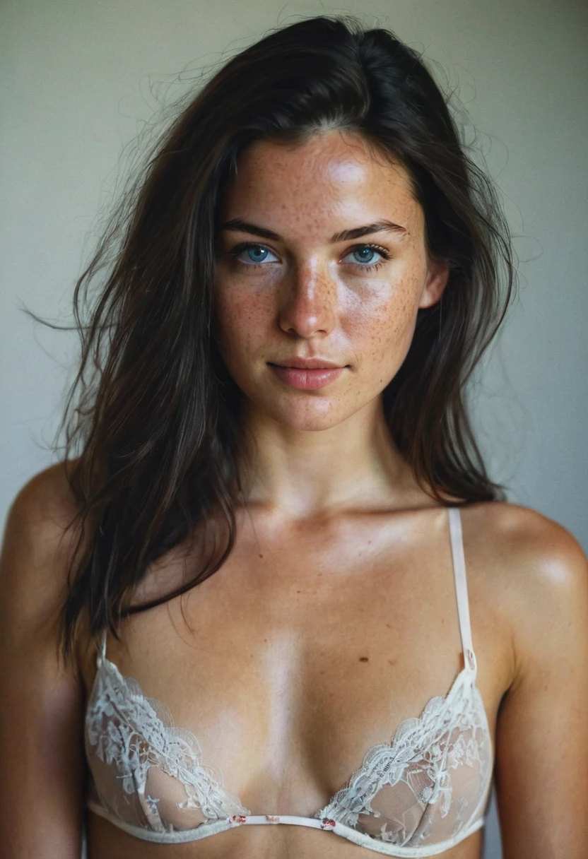 (From a straight above, birds-eye perspective), looking up at the camera , a 23 year old gorgeous woman , slight smile , detailed skin face and eyes , natural lighting , at home , long hair, topless , film grain, low contrast, natural face , freckles , black hair , blue eyes, dark circles under eyes, naked, showing breast, ((kneeling pose from above)), ((opened mouth with tongue out))