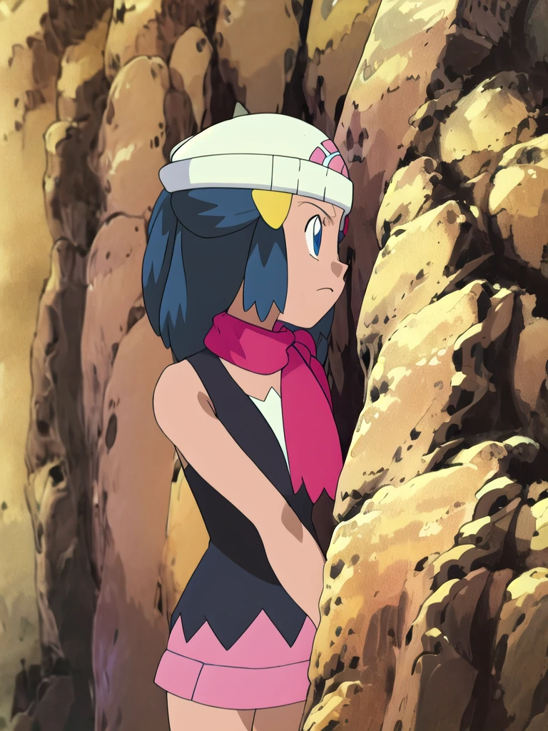 masterpiece, best quality, highres, 1girl, solo, dawn (pokemon), pink scarf, black shirt, pink skirt, hat, outdoors, bare shoulders,