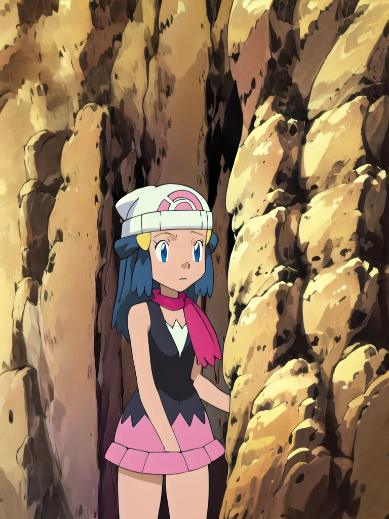 masterpiece, best quality, highres, 1girl, solo, dawn (pokemon), pink scarf, black shirt, pink skirt, hat, outdoors, bare shoulders,