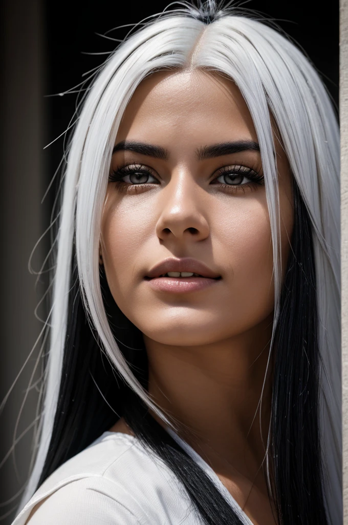 A photorealistic portrait of a 23 year old Colombian and Spanish girl with long black and white hair and striking light eyes. It should have a natural, approachable expression and be lit by the soft "zero." Capture this image with high-resolution photography using an 85mm lens for a flattering perspective.