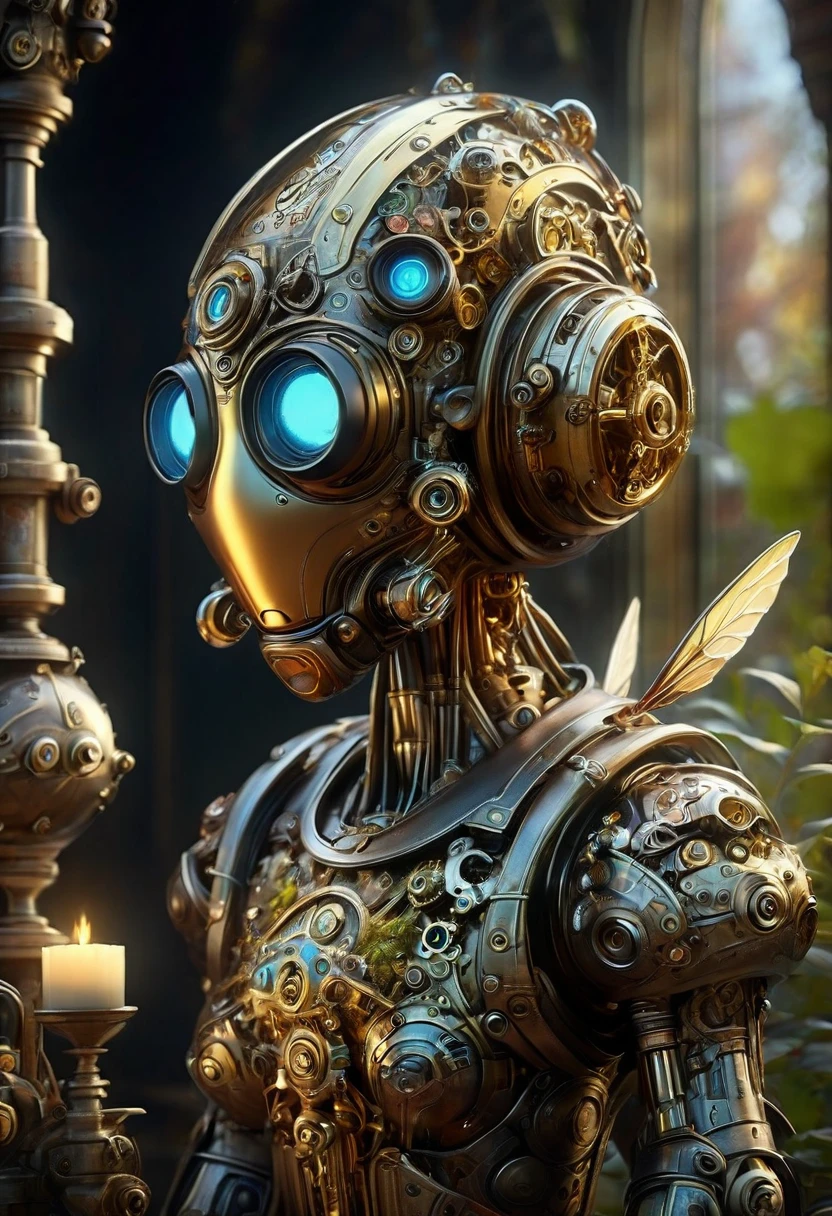 A robotic clockwork fairy. All bronze, gears, crAFTSMAN STYLE. GLASS WINGS. masterpiece, best quality, highly detailed, solo, looking at viewer, smile, mechaical face, face sculpted bronze. Ultra HD, Rococo-Inspired Fantasy Art With Intricate Details. Cute, Charming Expression, Alluring-Gaze, looking at viewer Beautiful Eyes, An-Ideal-Figure. . slim waist, fit body, Warm lightssymmetrical face, photorealistic, photography, path tracing, specular lighting, volumetric face light, path traced hairmaximum quality{(masutepiece) (8K High Resolution) (top-quality) In the style of breath of the wild.medieval monastery garden,steampunk craftsman robot monk,beautiful ornate architecture,steampunk machinery and gears,exquisite stained glass windows,enchanted flower garden,ancient stone walkway with intricate carvings,glowing candles and dimly lit atmosphere,steam and smoke billowing from the machinery,mystical atmosphere,peaceful and serene setting,mechanical wings attached to the robot monk's back,robot monk with intricate clockwork mechanisms,electromechanical eyes glowing with energy,warm golden color palette,gentle sunlight streaming through the stained glass windows,whispering sound of wind and rustling leaves,the scent of aged books and incense,notes of ancient Gregorian chants echoing in the air,sense of awe and tranquility,combination of futuristic and medieval elements,harmony of technology and spirituality.
