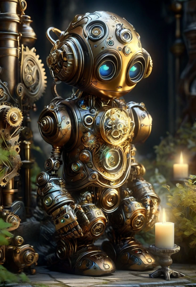 A robotic clockwork fairy. All bronze, gears, crAFTSMAN STYLE. GLASS WINGS. masterpiece, best quality, highly detailed, solo, looking at viewer, smile, mechaical face, face sculpted bronze. Ultra HD, Rococo-Inspired Fantasy Art With Intricate Details. Cute, Charming Expression, Alluring-Gaze, looking at viewer Beautiful Eyes, An-Ideal-Figure. . slim waist, fit body, Warm lightssymmetrical face, photorealistic, photography, path tracing, specular lighting, volumetric face light, path traced hairmaximum quality{(masutepiece) (8K High Resolution) (top-quality) In the style of breath of the wild.medieval monastery garden,steampunk craftsman robot monk,beautiful ornate architecture,steampunk machinery and gears,exquisite stained glass windows,enchanted flower garden,ancient stone walkway with intricate carvings,glowing candles and dimly lit atmosphere,steam and smoke billowing from the machinery,mystical atmosphere,peaceful and serene setting,mechanical wings attached to the robot monk's back,robot monk with intricate clockwork mechanisms,electromechanical eyes glowing with energy,warm golden color palette,gentle sunlight streaming through the stained glass windows,whispering sound of wind and rustling leaves,the scent of aged books and incense,notes of ancient Gregorian chants echoing in the air,sense of awe and tranquility,combination of futuristic and medieval elements,harmony of technology and spirituality.
