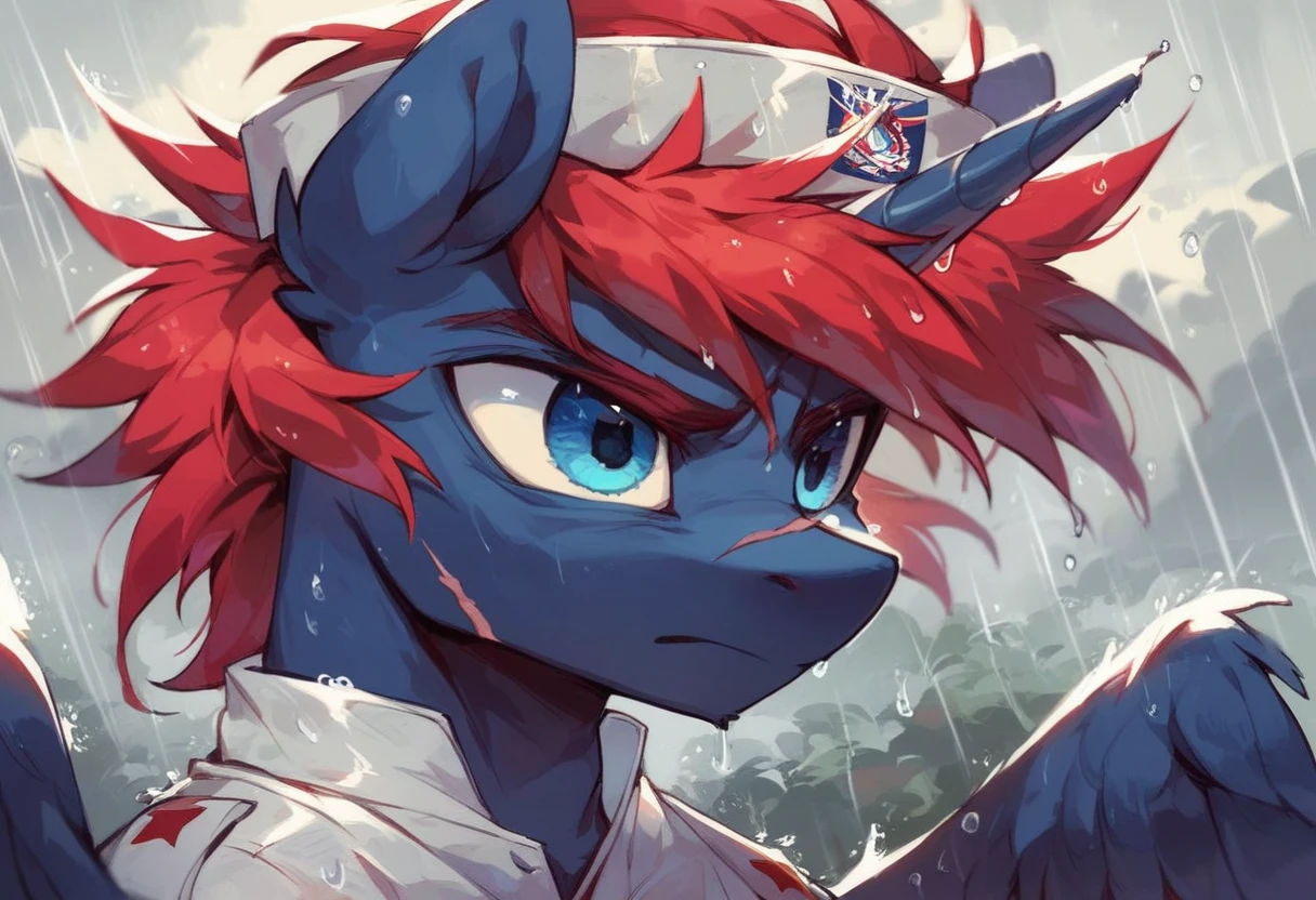 Male alicorn pony, black fur, long red hair, deep blue eyes, red feathers on wings, scar over left eye, red striping, vietnam-era helicopter pilot uniform, boonie hat, in a swamp, explosion in background, raining, wet hair, thousand-yard stare, close-up portrait 