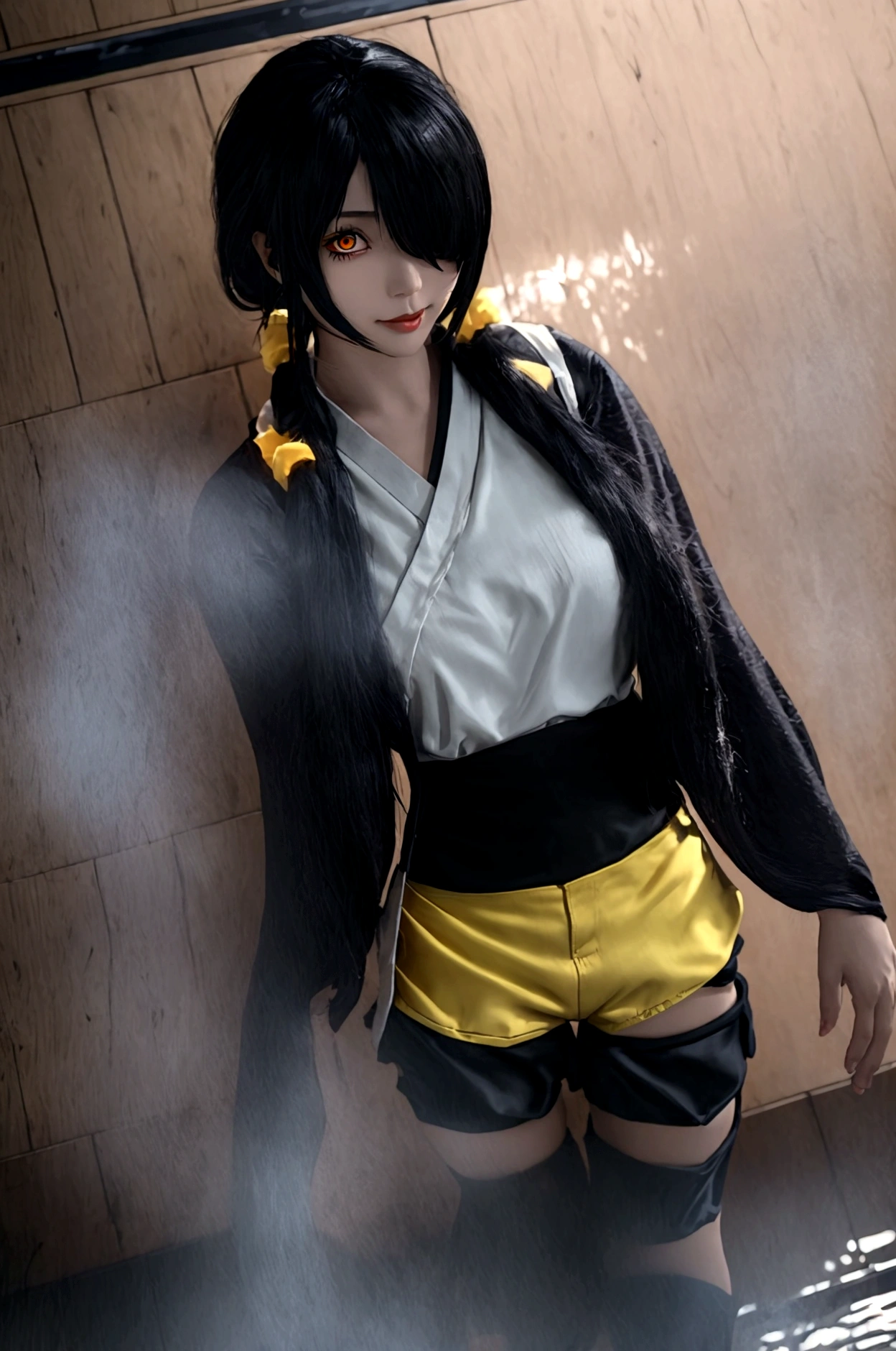 ultra-detailed,highly detailed,best quality,masterpiece,illustration,realistic, photo,photorealistic,
1girl, ((tokisaki kurumi)), cosplay, hair over one eye, (right red eye, left yellow eye), looking at viewer, happy girl, ponytail, ((kimono)), (((black hotpants))), hair rings, loafers,
(Outdoors), walking, ((onsen)) 
