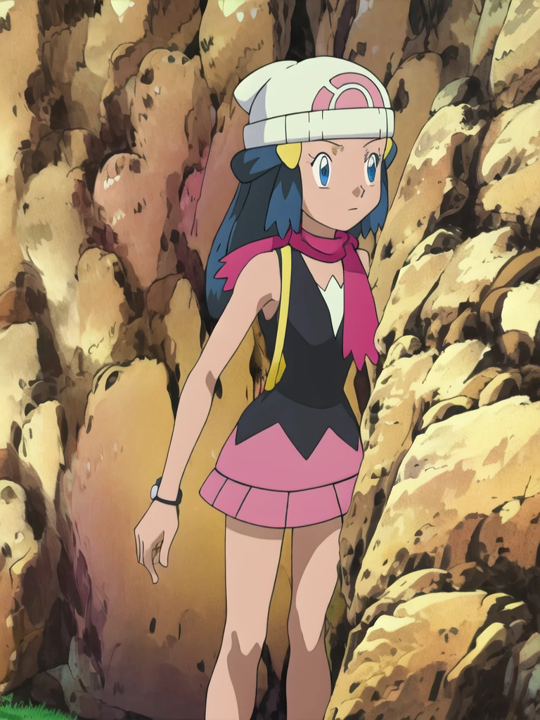 masterpiece, best quality, highres, 1girl, solo, dawn (pokemon), pink scarf, black shirt, pink skirt, hat, outdoors, bare shoulders,