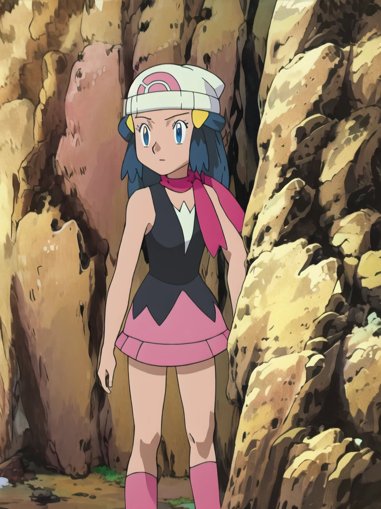 masterpiece, best quality, highres, 1girl, solo, dawn (pokemon), pink scarf, black shirt, pink skirt, hat, outdoors, bare shoulders,