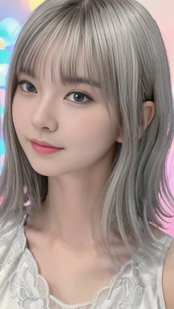 a cute ultra young japanese girl, extremely detailed face, NO makeup,beautiful eyes with long eyelashes, charming eyes,dropped eyes,small delicate nose, lovely smiling lips, (short silver hair:1.5), (porcelain white skin, wearing a lacy one-piece dress, slender figure:1.25), (best quality,4k,8k,highres,masterpiece:1.2),ultra-detailed,(realistic,photorealistic,photo-realistic:1.37),HDR,UHD,studio lighting,ultra-fine painting,sharp focus,physically-based rendering,extreme detail description,professional,vivid colors,bokeh,portraits,soft pastel colors,natural lighting,cinematic composition
