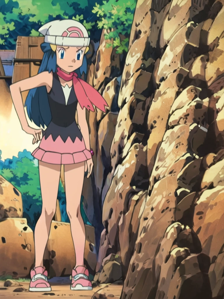 masterpiece, best quality, highres, 1girl, solo, dawn (pokemon), pink scarf, black shirt, pink skirt, hat, outdoors, bare shoulders,