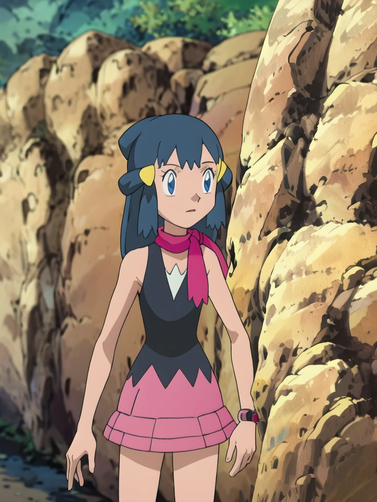 masterpiece, best quality, highres, 1girl, solo, dawn (pokemon), pink scarf, black shirt, pink skirt, hat, outdoors, bare shoulders,