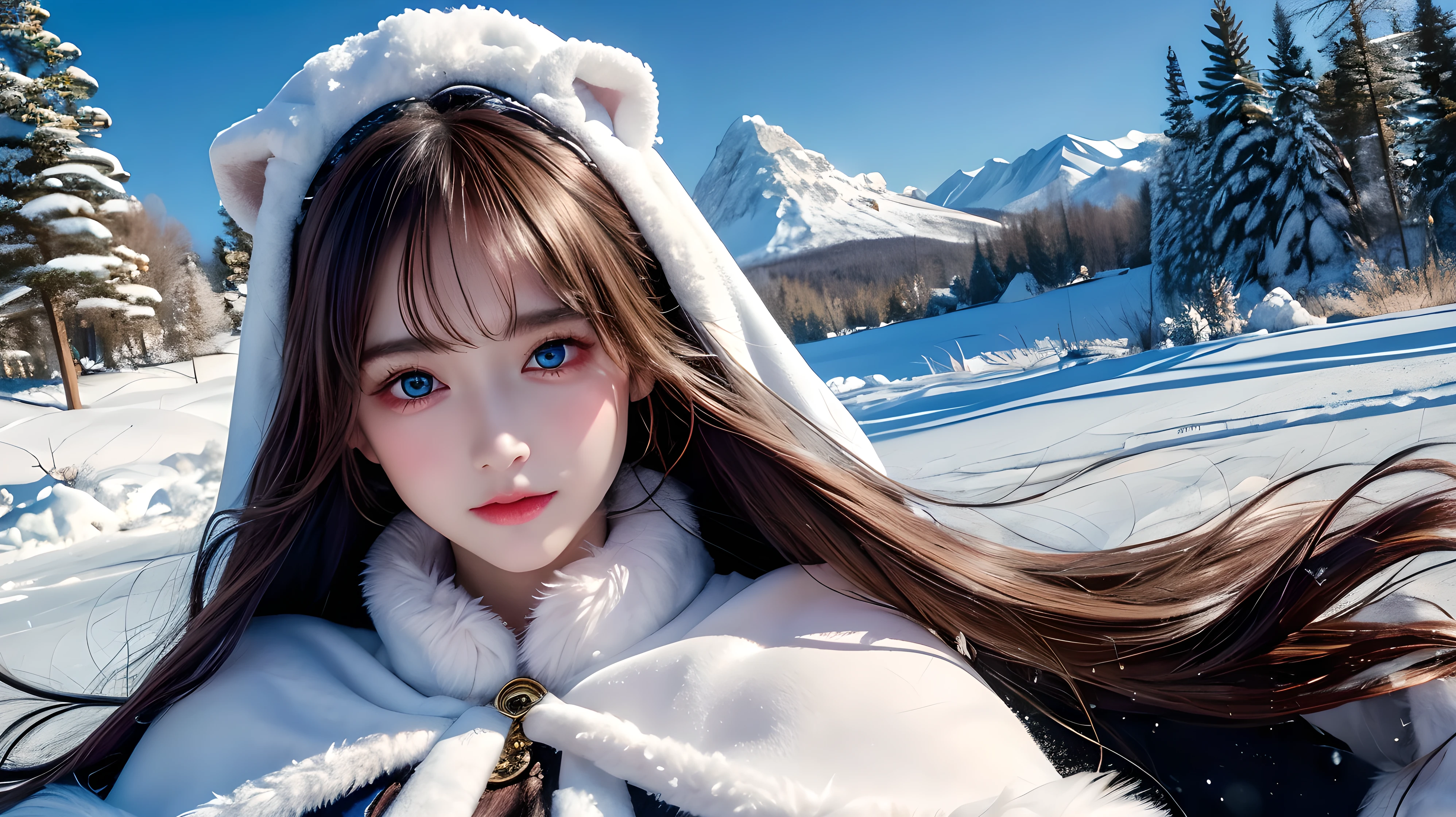 photorealistic, masterpiece, photorealistic, high resolution, soft light, (Lolita costume),Gorgeous costumes,Face the audience,(The upper part of the body), beautidful eyes, Brown hair, ringed eyes, (outside,Heavy snowfall,Thick fur cape,Cover with snow),snowfield,Blue eyes