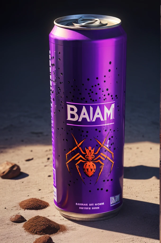 Design an energy drink can for brand named BADNAM which symbolises hunting spider with aggressive bloody dripped font of BADNAM in purple theme